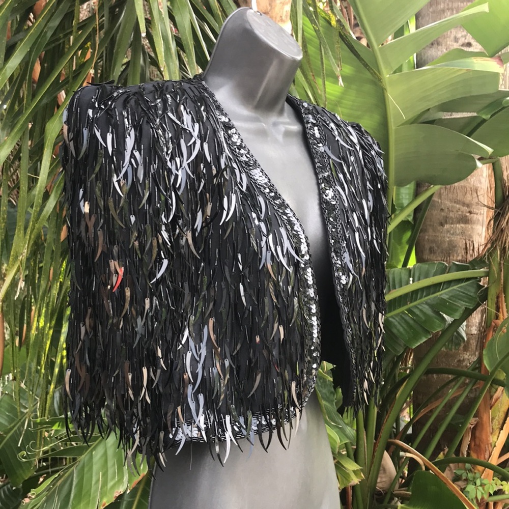Vintage Augustat , sequin sheer  silk bolero with power shoulders - Picture 4 of 10